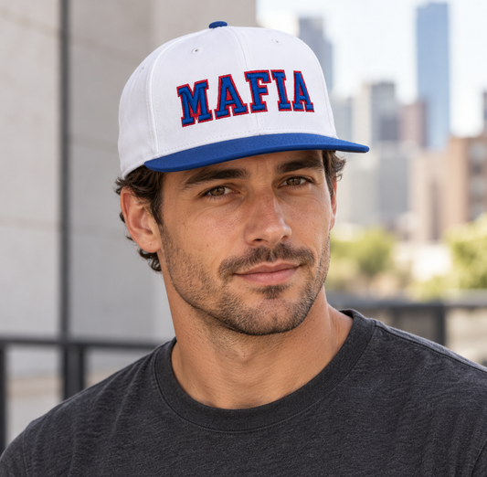 Model wearing white MAFIA puff-lettering hat with royal brim