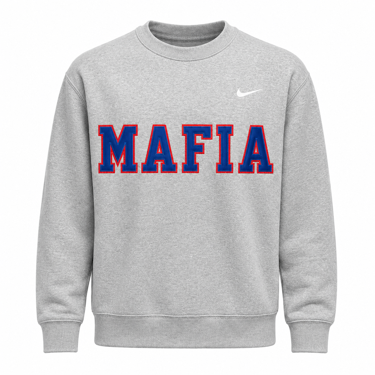 Grey MAFIA crewneck ghost mannequin with sewn-on tackle twill lettering