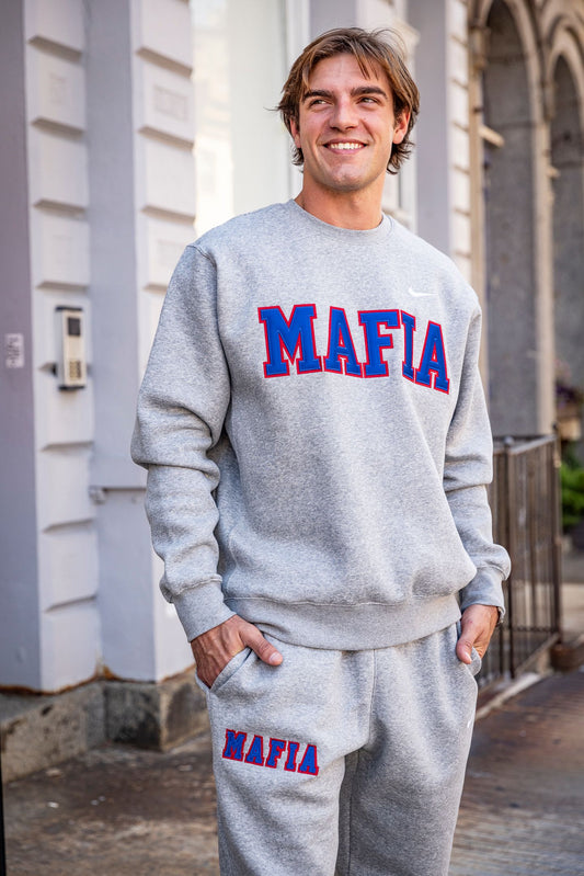 Male model wearing grey MAFIA crewneck with sewn-on lettering
