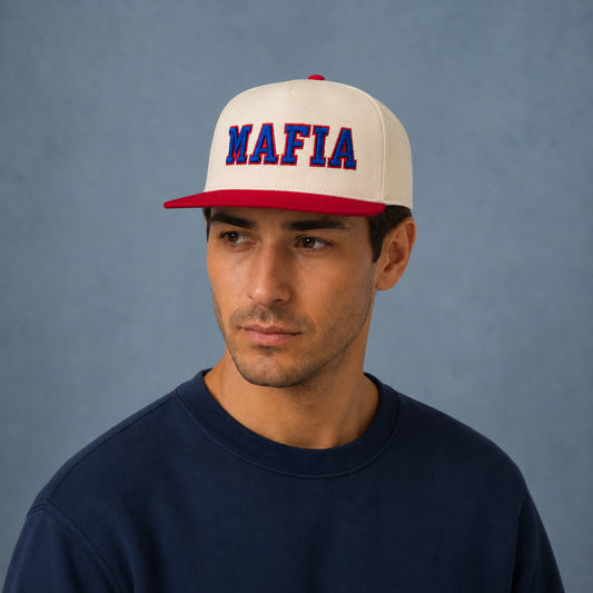 Model wearing cream and red MAFIA puff-lettering Richardson hat