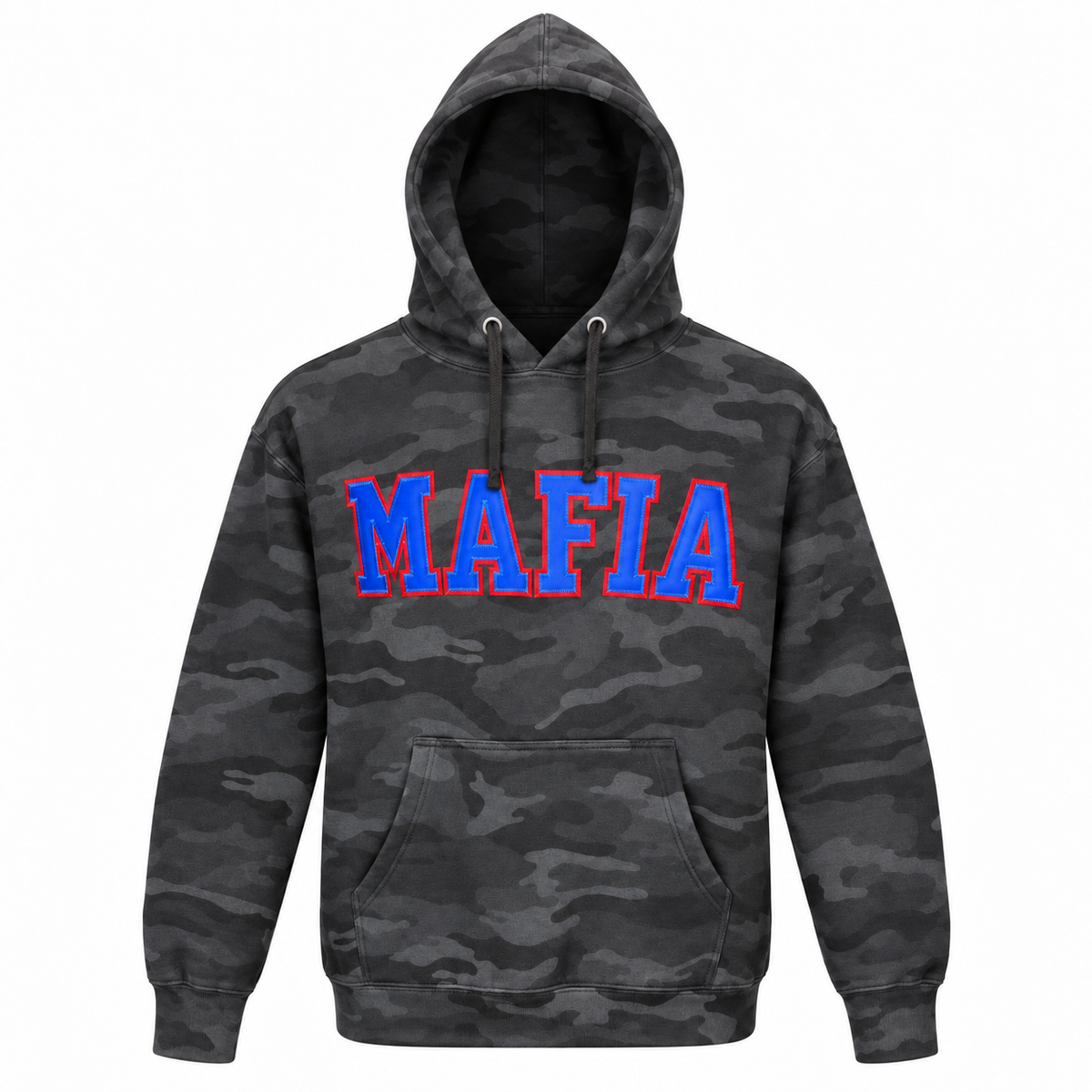 Black camo hoodie with blue MAFIA tackle twill lettering, front view