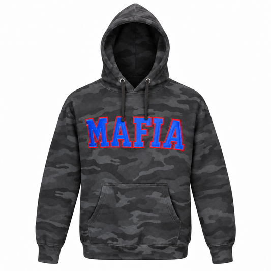 Black camo hoodie with blue MAFIA tackle twill lettering, front view