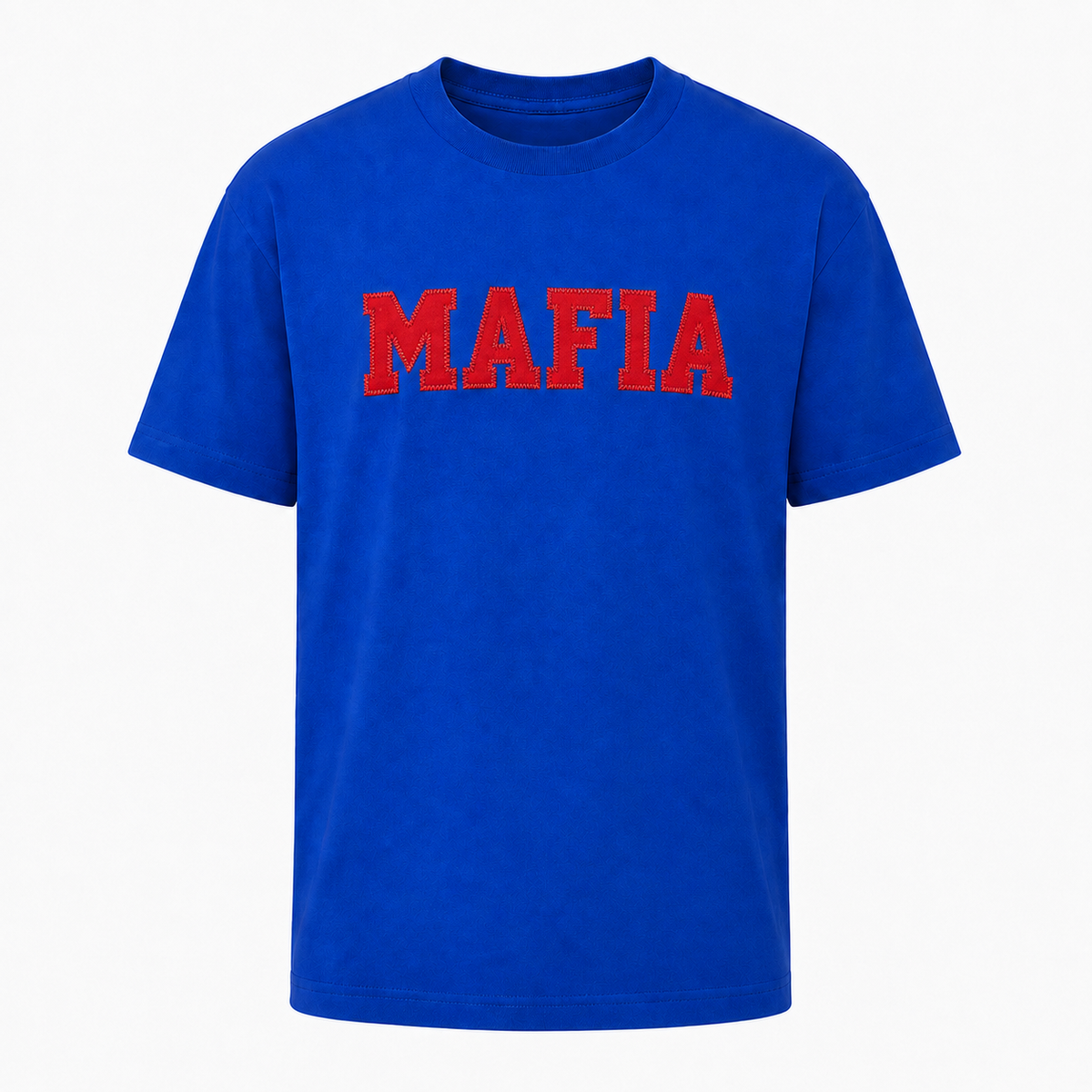 Royal blue MAFIA t-shirt ghost mannequin with red sewn-on lettering
