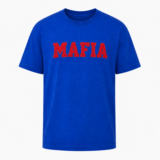 Royal blue MAFIA t-shirt ghost mannequin with red sewn-on lettering