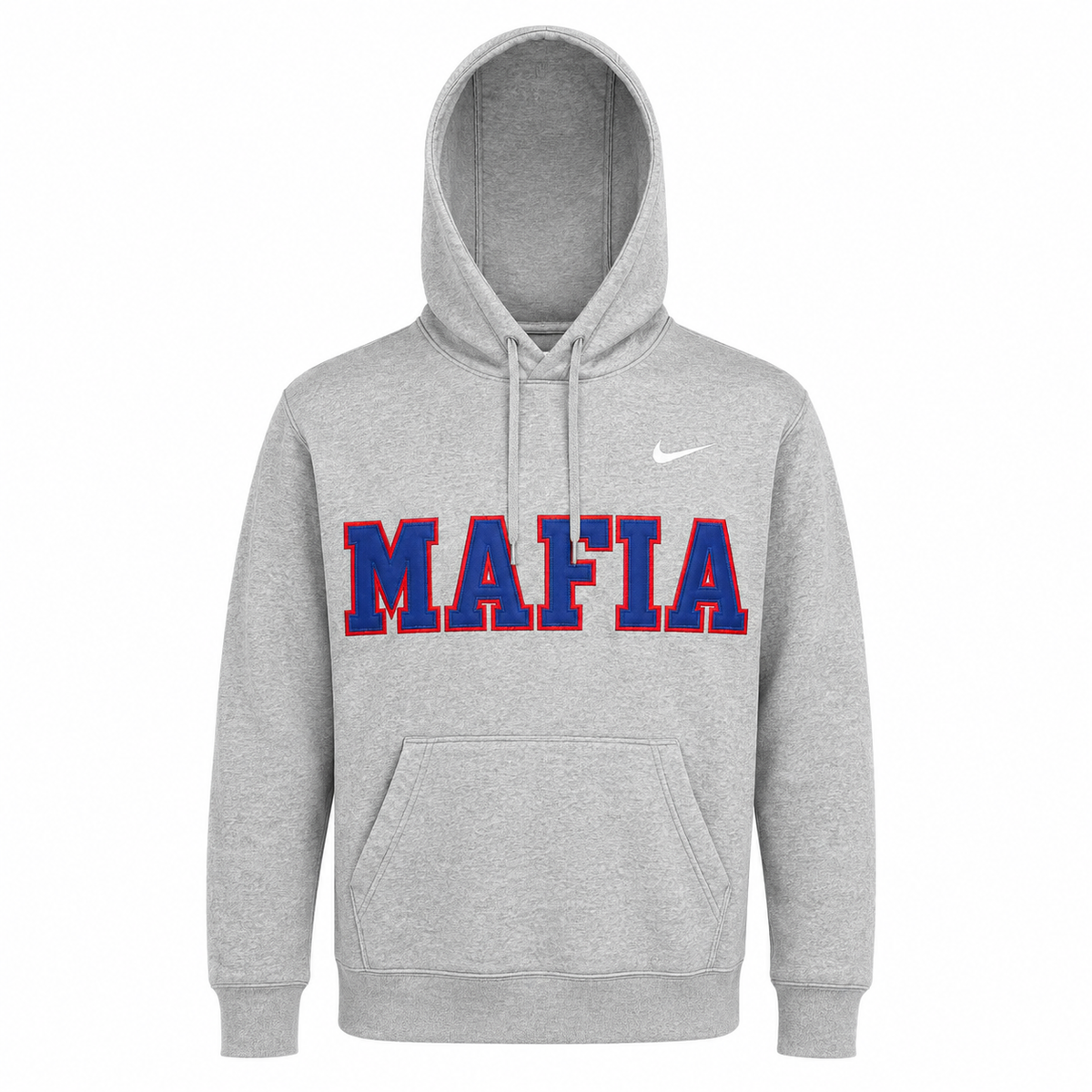 Grey MAFIA hoodie ghost mannequin with sewn-on tackle twill lettering