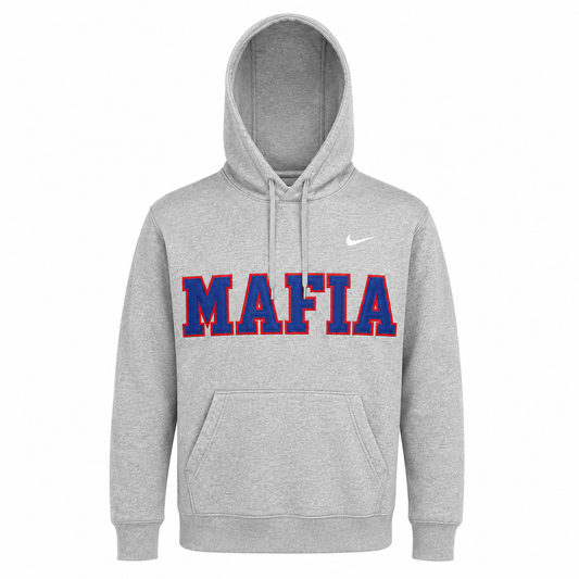 Grey MAFIA hoodie ghost mannequin with sewn-on tackle twill lettering