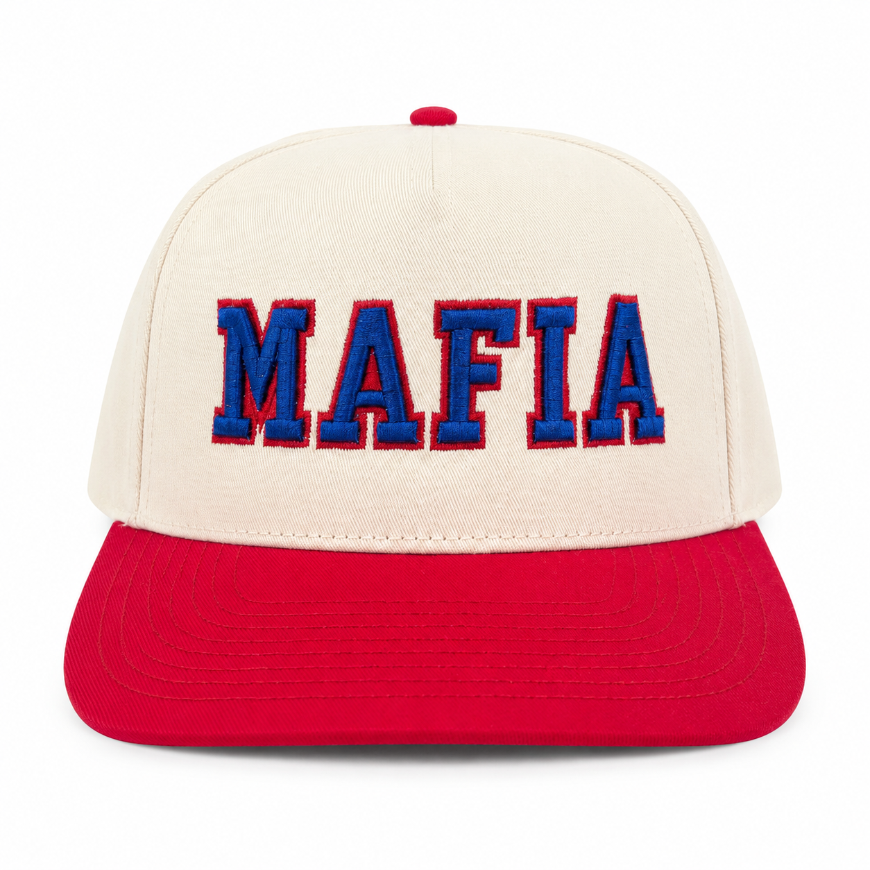 Cream and red MAFIA puff-lettering Richardson hat, product shot