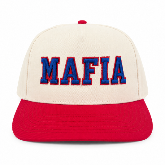 Cream and red MAFIA puff-lettering Richardson hat, product shot