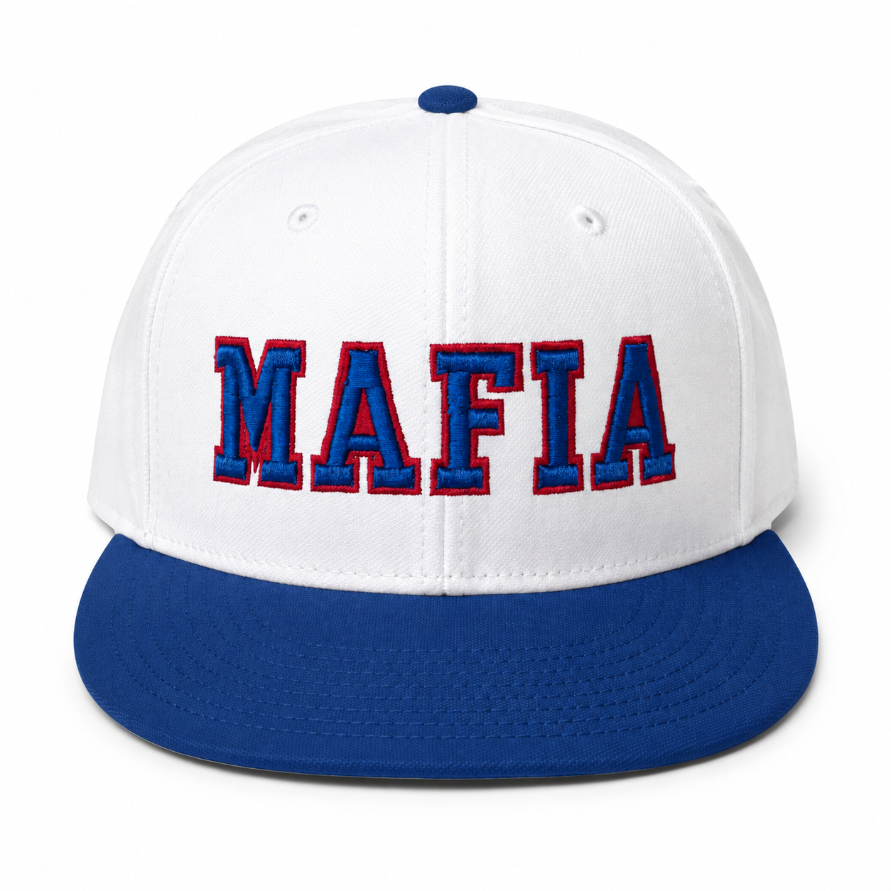 White MAFIA puff-lettering Richardson hat, royal brim, product shot
