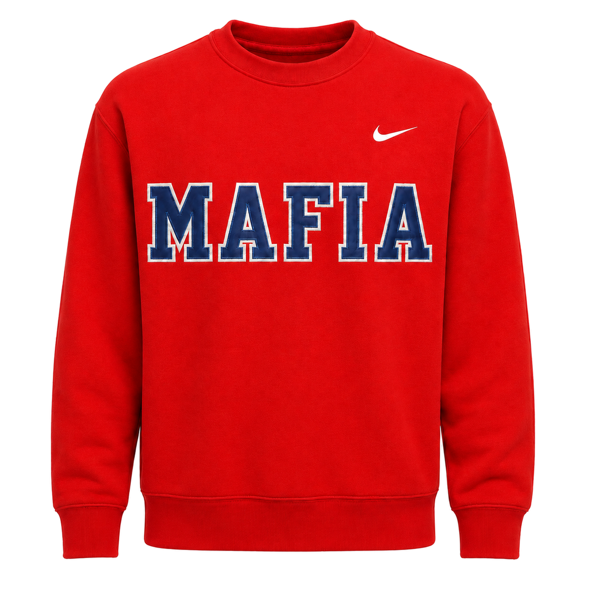 Red MAFIA crewneck ghost mannequin with sewn-on tackle twill lettering