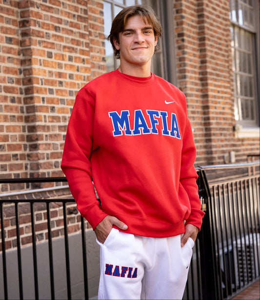 Male model wearing red MAFIA crewneck with sewn-on lettering
