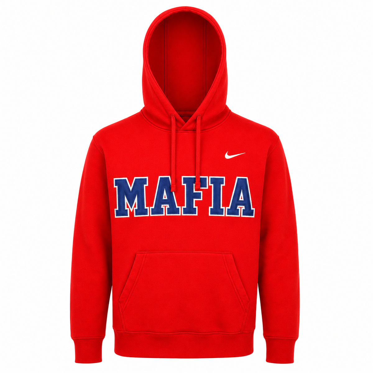 Red MAFIA hoodie ghost mannequin with sewn-on tackle twill lettering