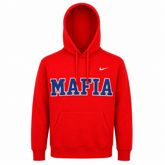 Red MAFIA hoodie ghost mannequin with sewn-on tackle twill lettering