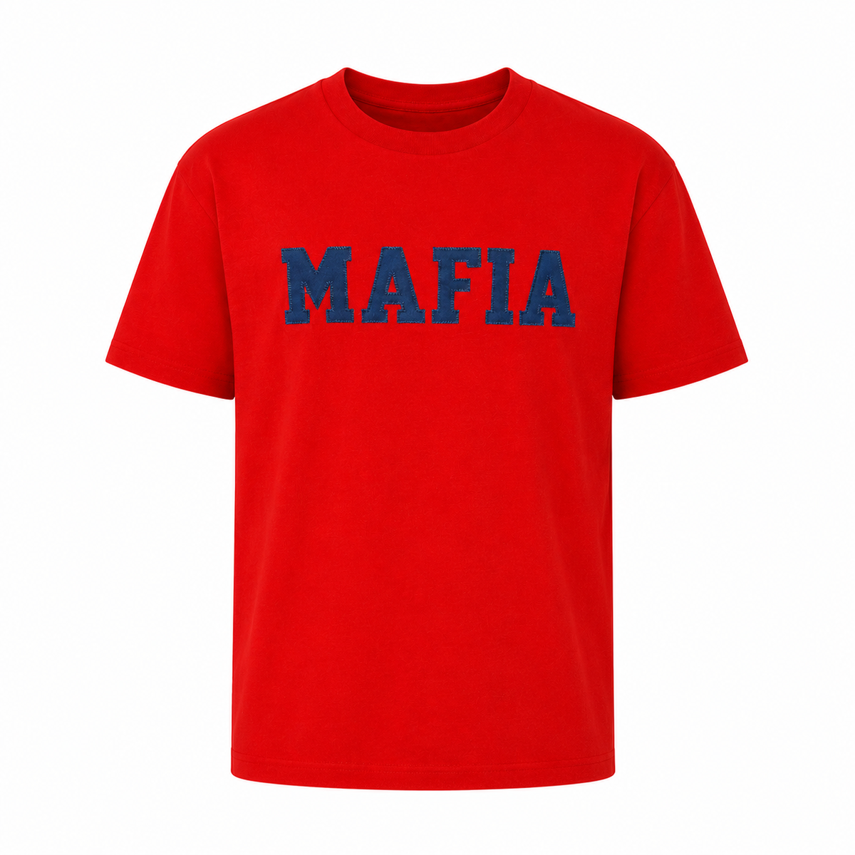Red MAFIA t-shirt ghost mannequin with royal sewn-on lettering