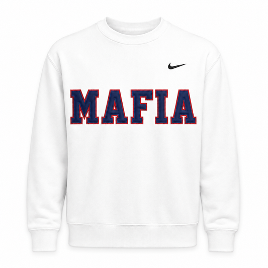 White MAFIA crewneck ghost mannequin with sewn-on tackle twill lettering
