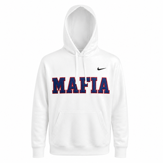White MAFIA hoodie ghost mannequin with sewn-on tackle twill lettering