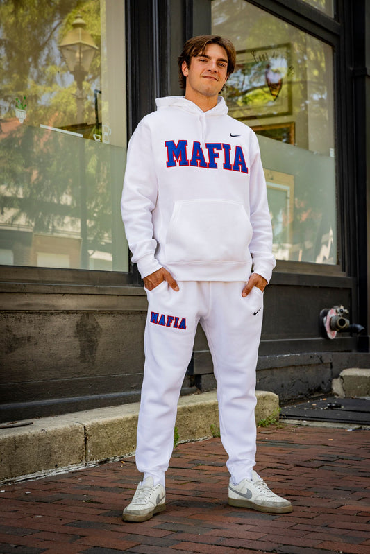 Male model wearing white MAFIA hoodie with sewn-on lettering
