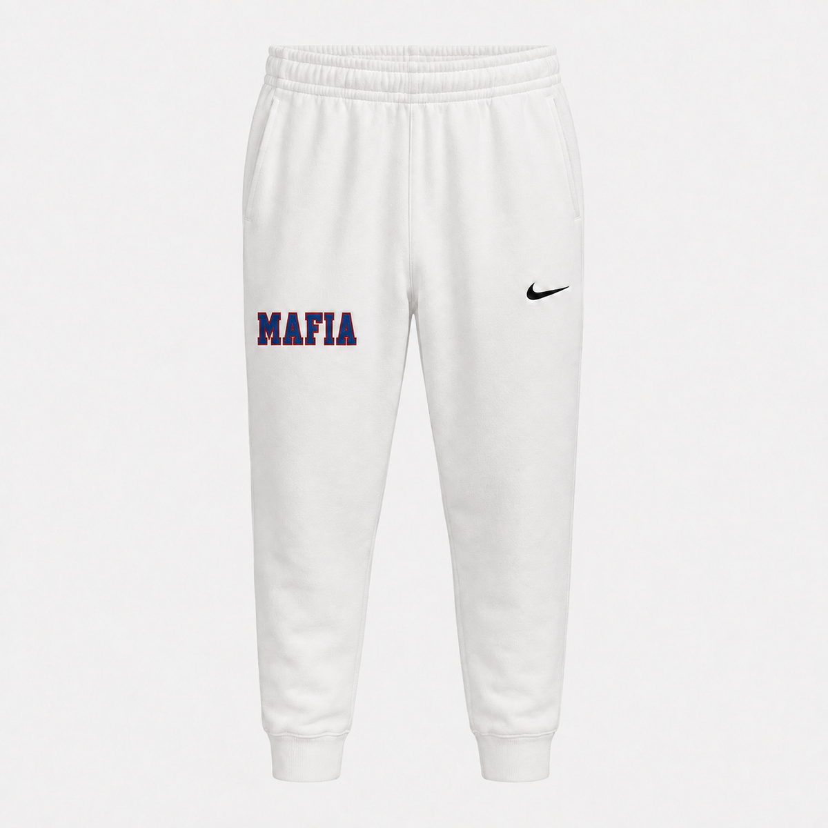 White MAFIA joggers ghost mannequin with sewn-on tackle twill lettering